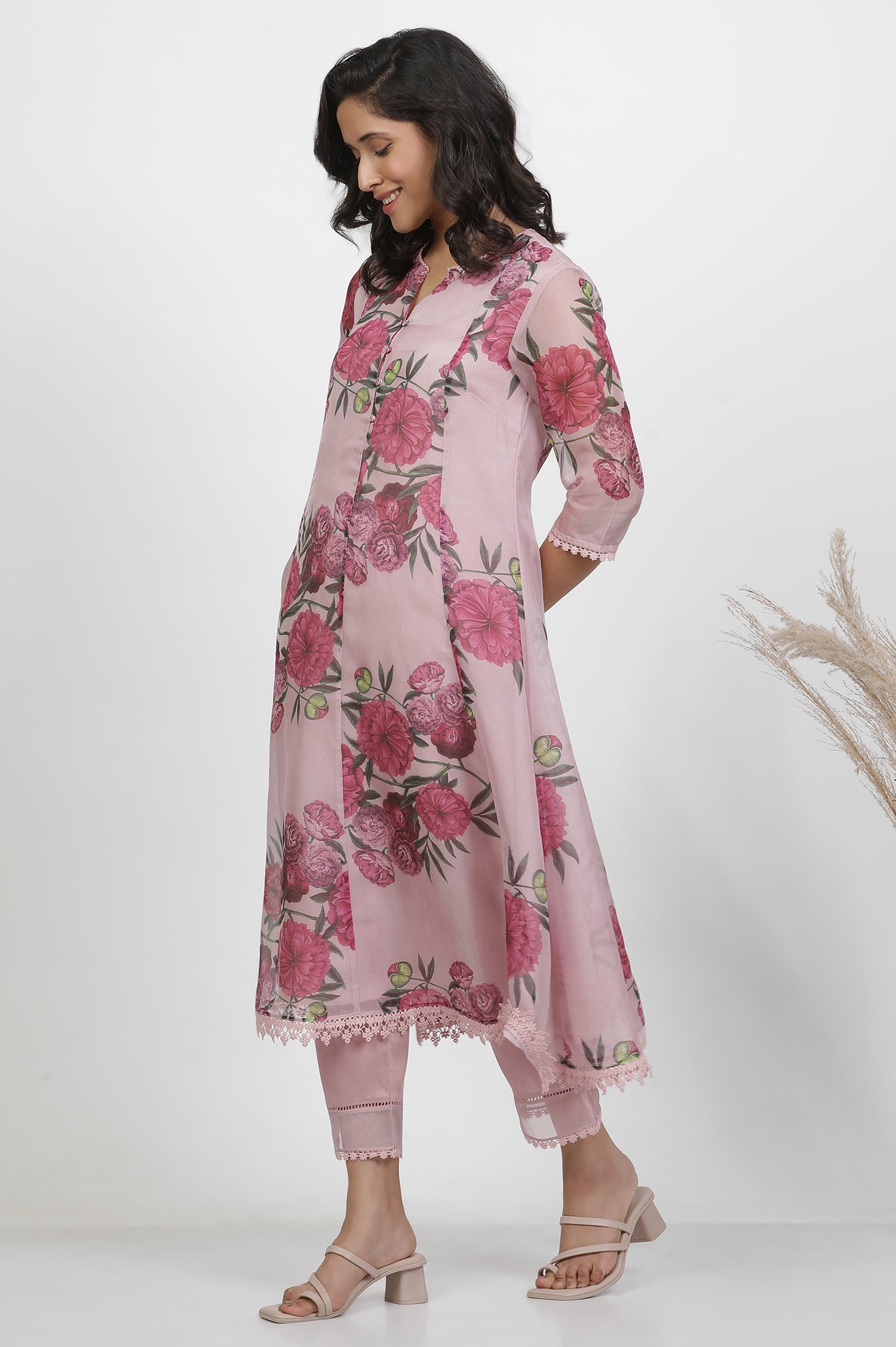 Blush Pink Floral Printed Flared Kurta, Pants And Dupatta Set