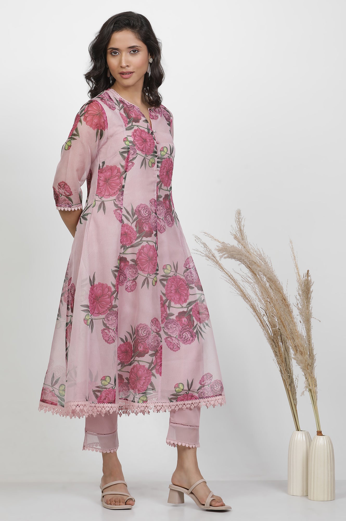 Blush Pink Floral Printed Flared Kurta, Pants And Dupatta Set