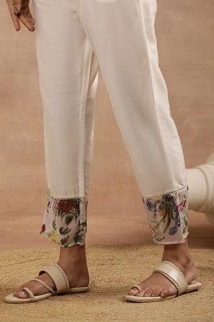 White Floral Printed A-Line Kurta, Pants And Dupatta Set - wforwoman