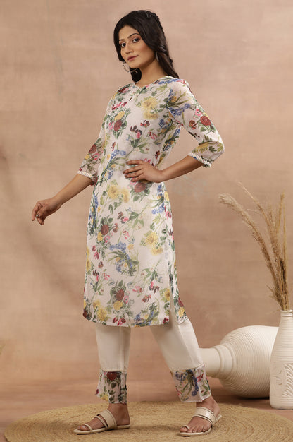 White Floral Printed A-Line Kurta, Pants And Dupatta Set