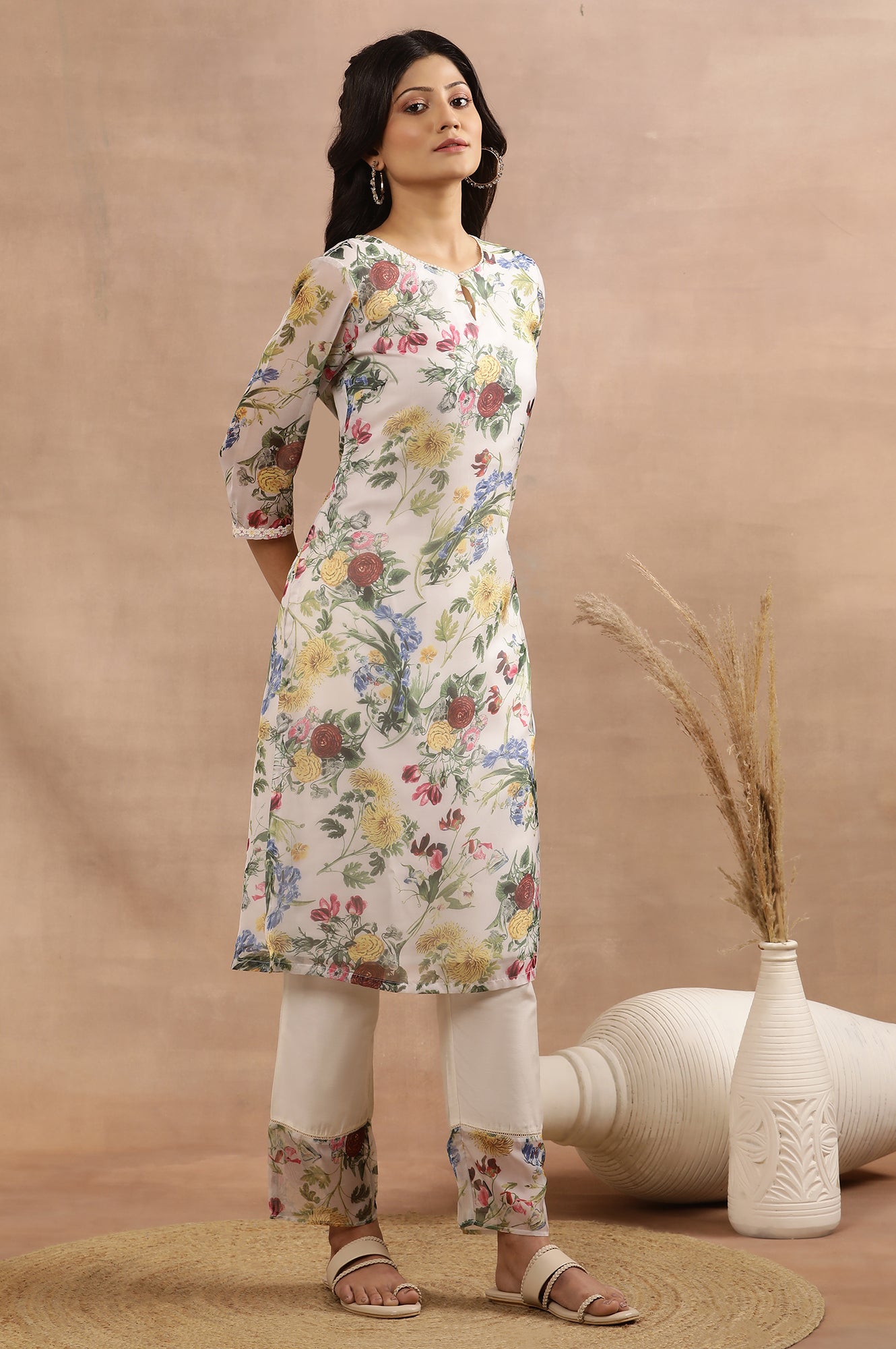 White Floral Printed A-Line Kurta, Pants And Dupatta Set