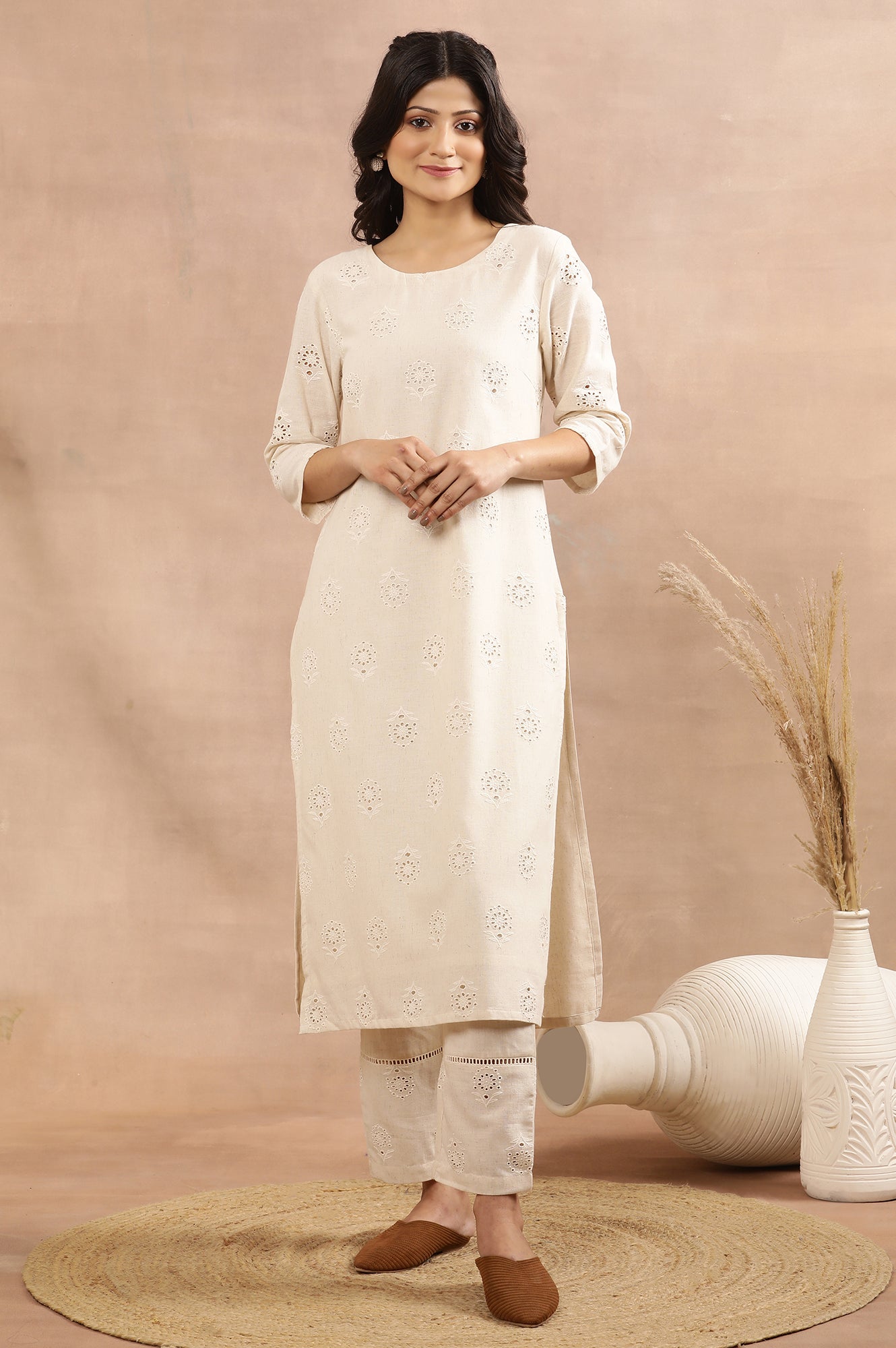 Beige Cotton Shiffli Kurta And Pants Set