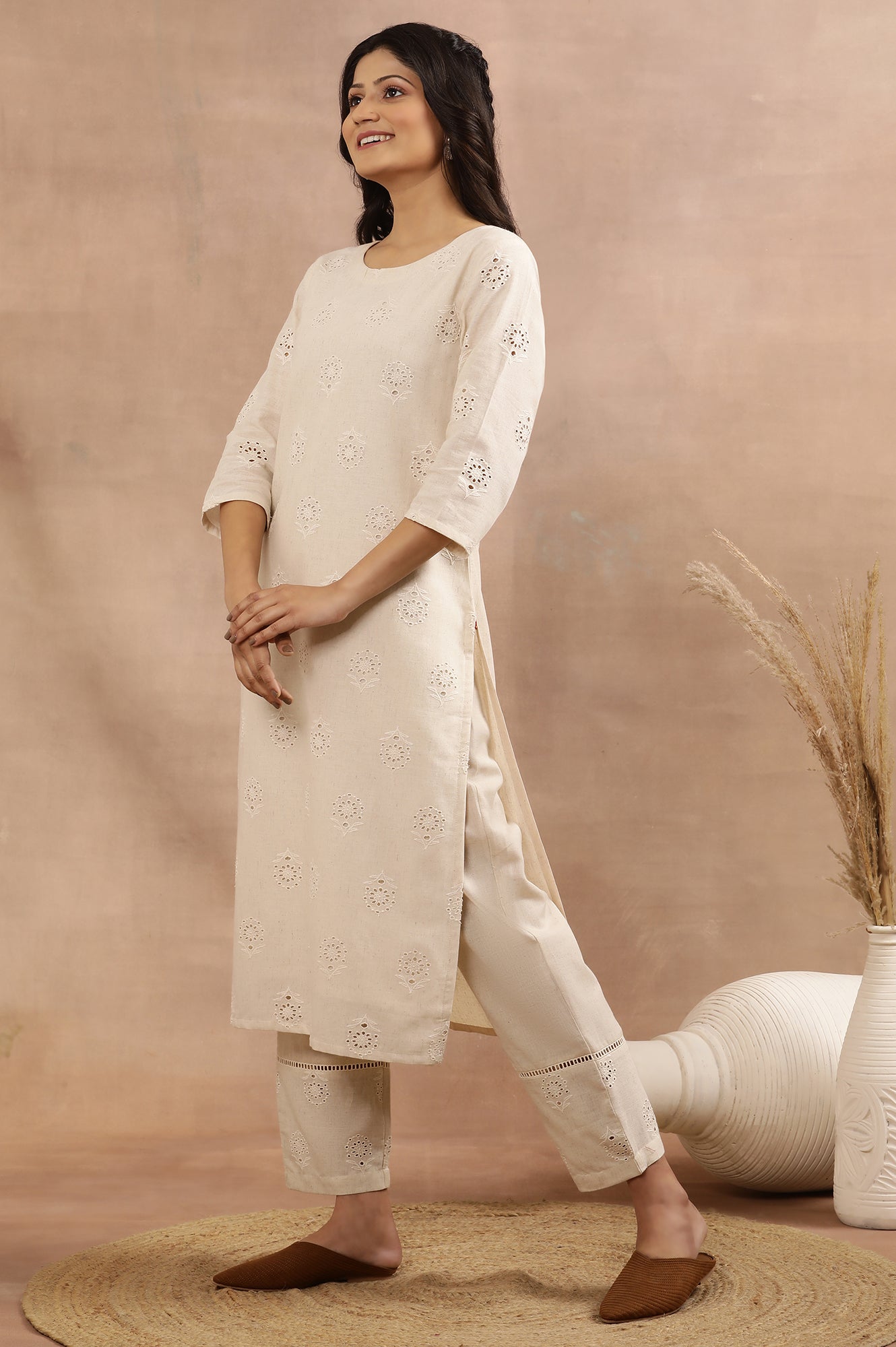 Beige Cotton Shiffli Kurta And Pants Set