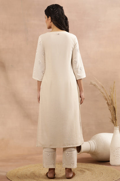 Beige Cotton Shiffli Kurta And Pants Set