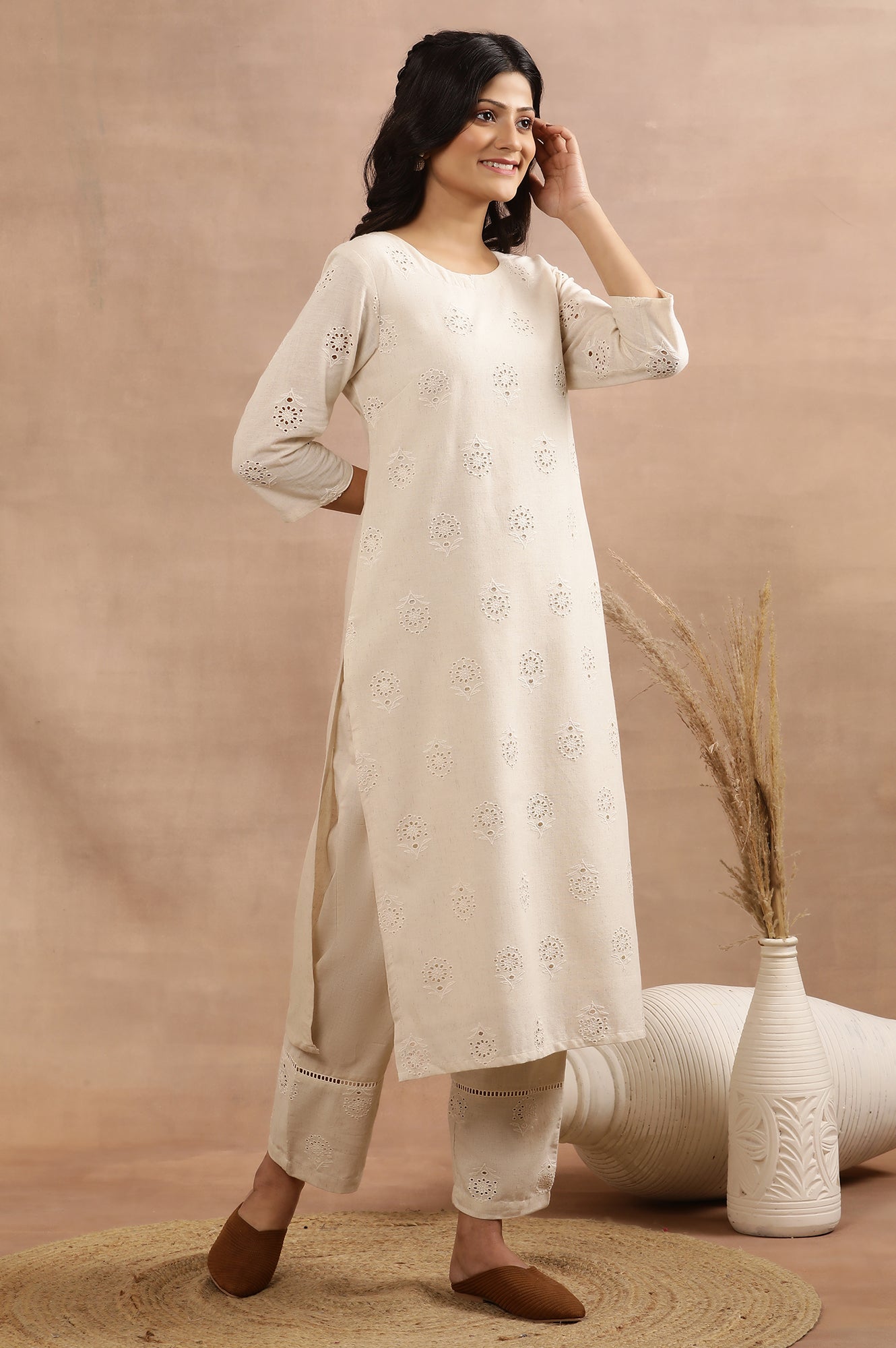 Beige Cotton Shiffli Kurta And Pants Set