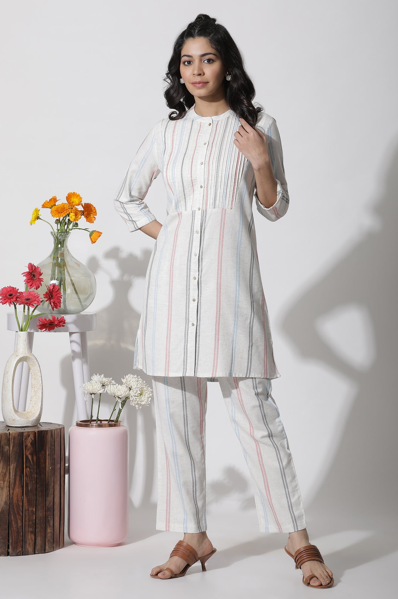 White Stripe Printed Pintuck Tunic And Pants Co-Ord Set