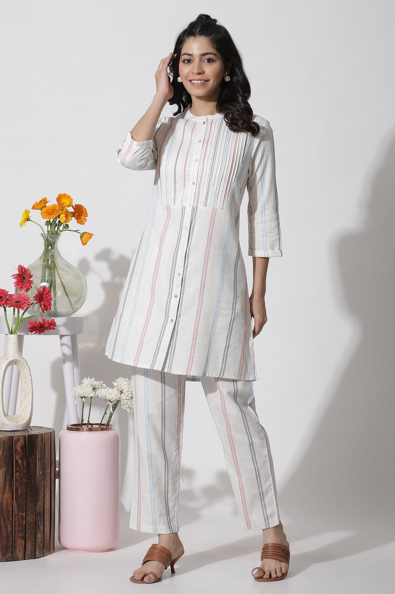 White Stripe Printed Pintuck Tunic And Pants Co-Ord Set