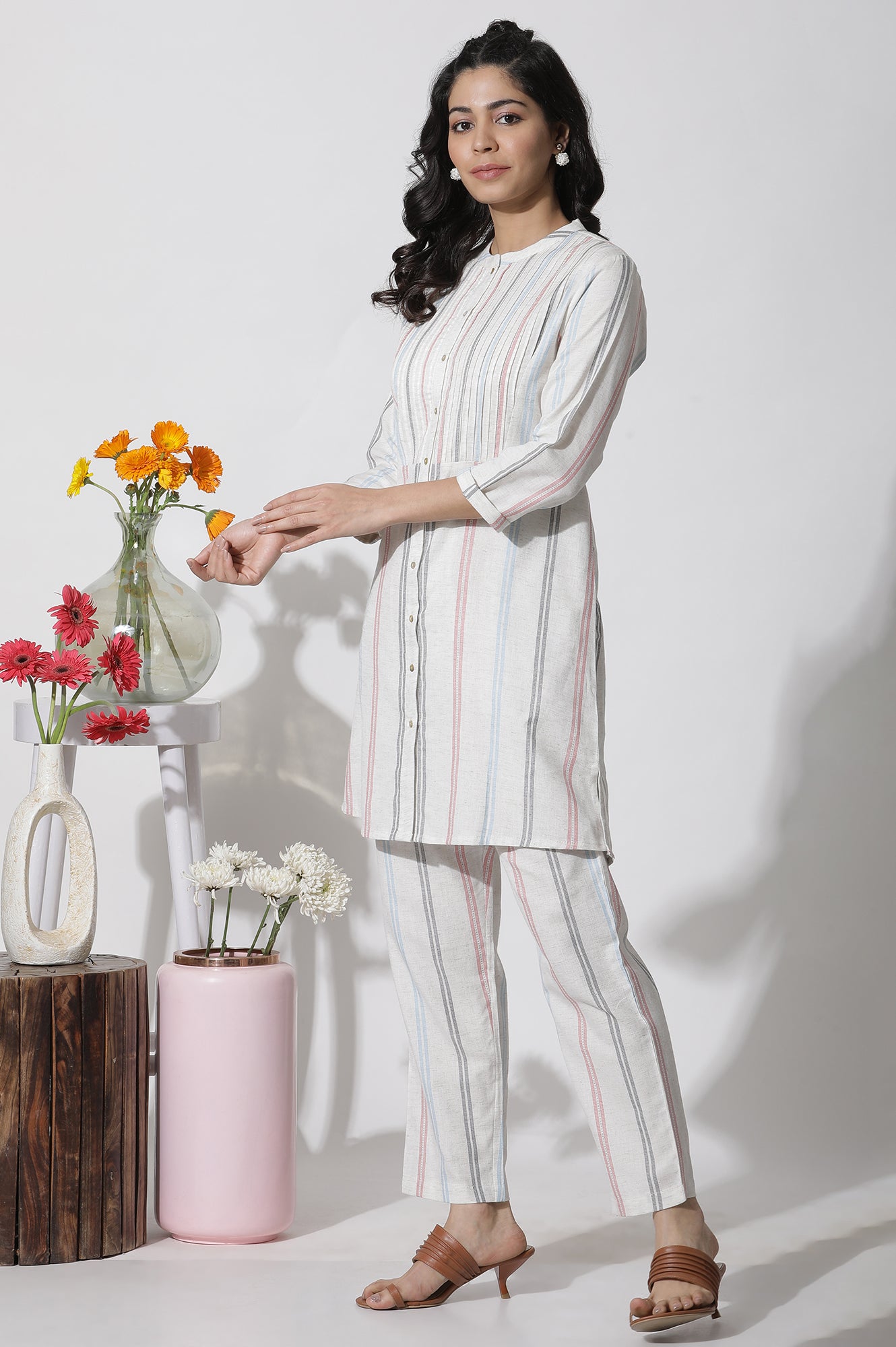 White Stripe Printed Pintuck Tunic And Pants Co-Ord Set