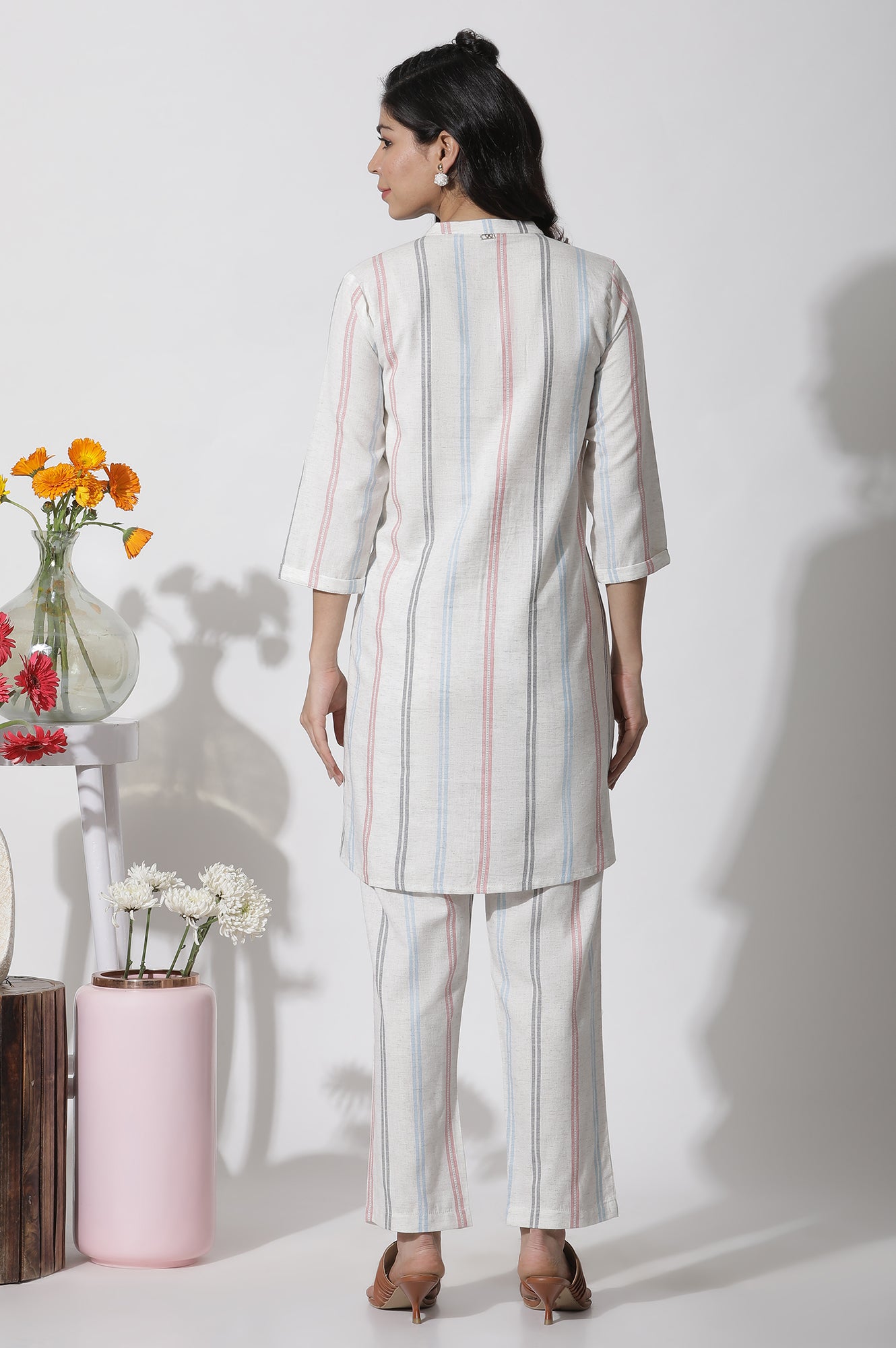 White Stripe Printed Pintuck Tunic And Pants Co-Ord Set