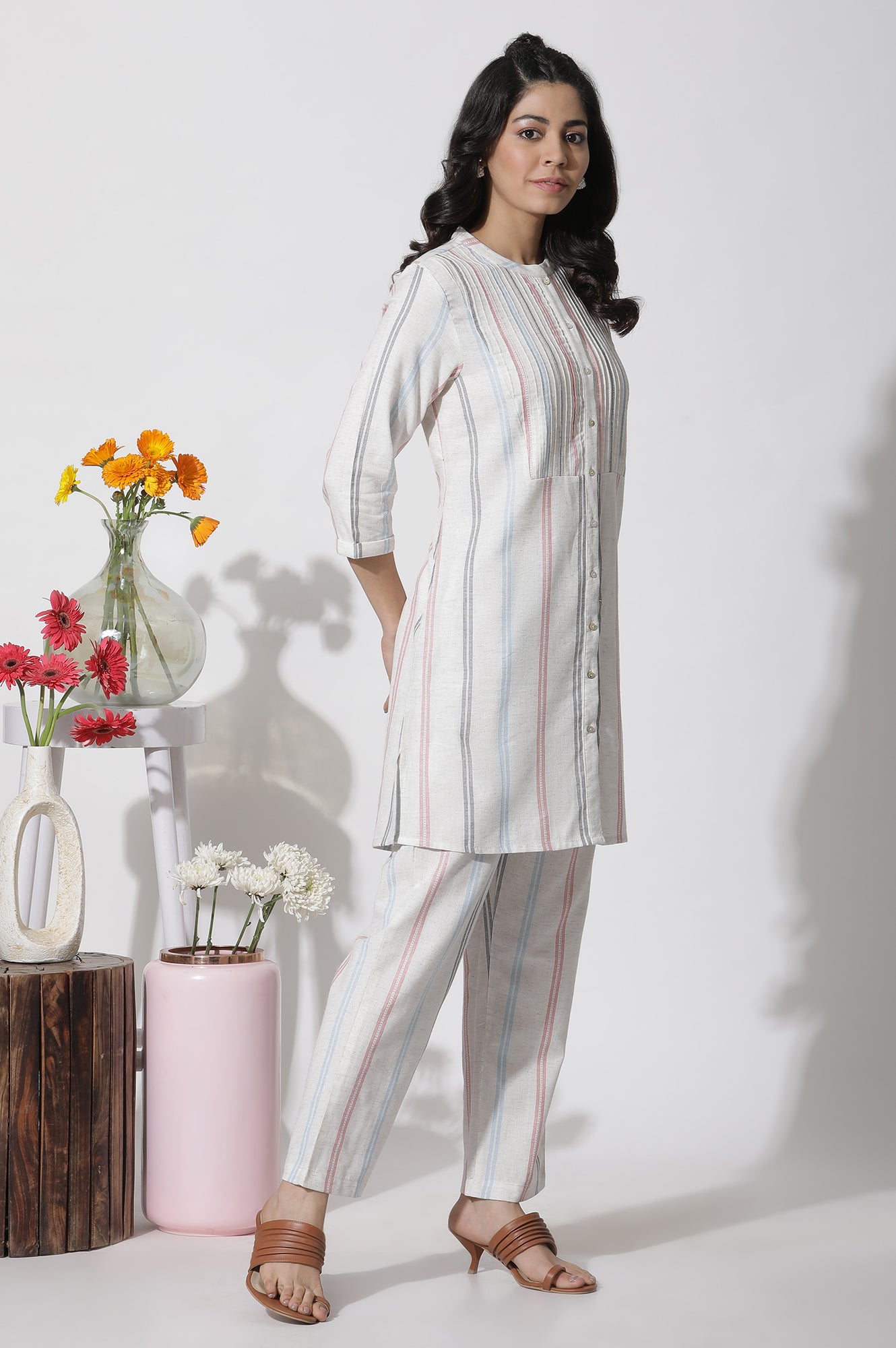 White Stripe Printed Pintuck Tunic And Pants Co-Ord Set