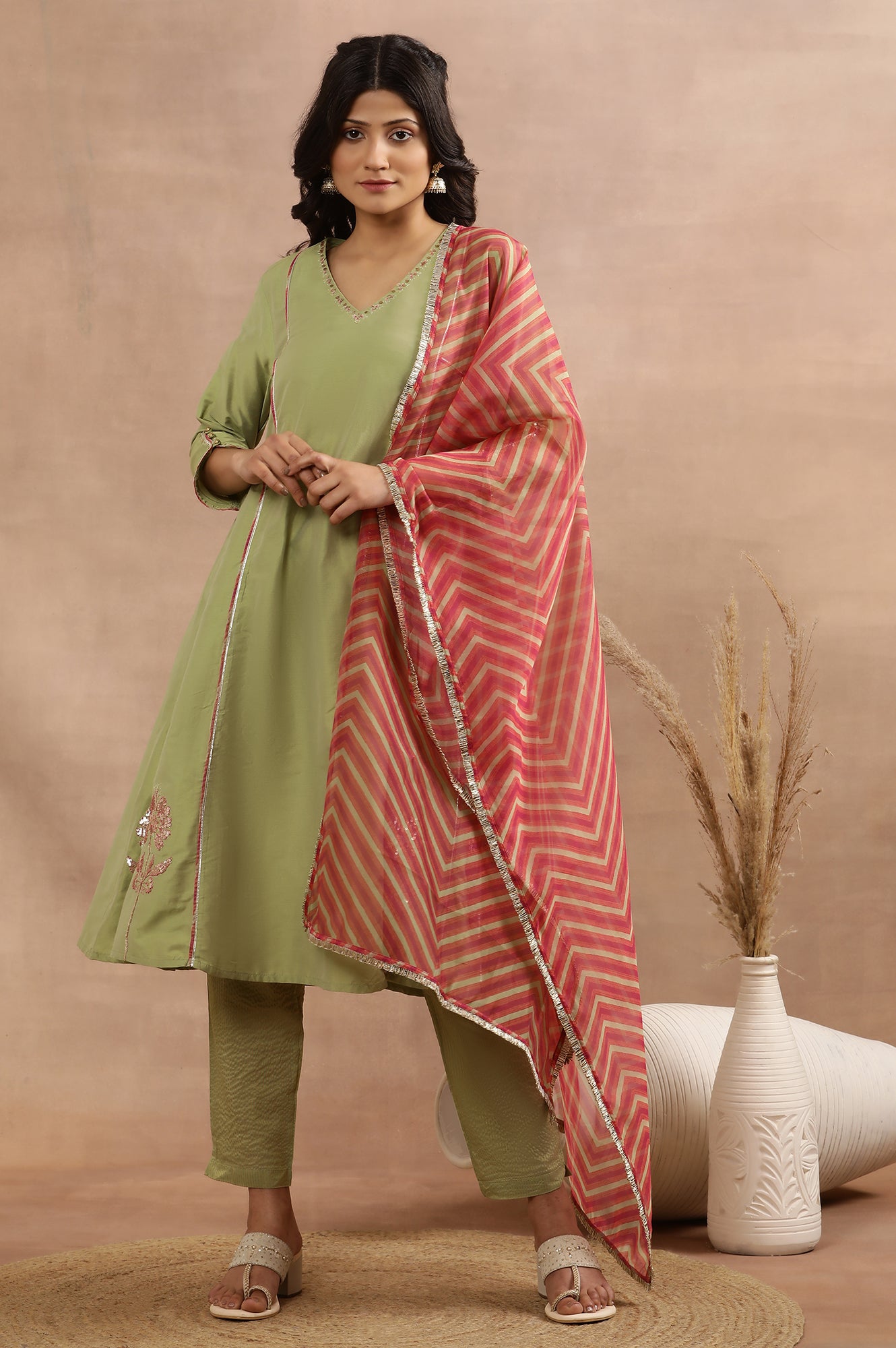 Sage Green Zari Embroidered Flared Kurta, Pants And Dupatta Set