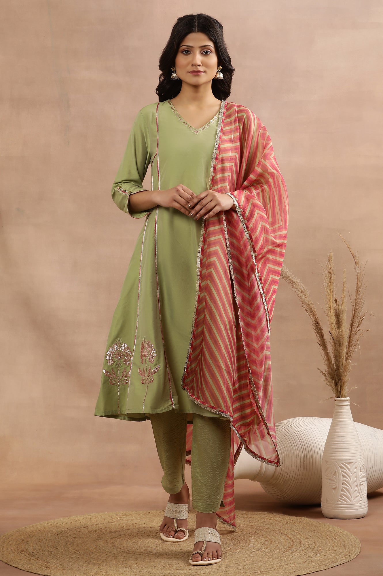 Sage Green Zari Embroidered Flared Kurta, Pants And Dupatta Set