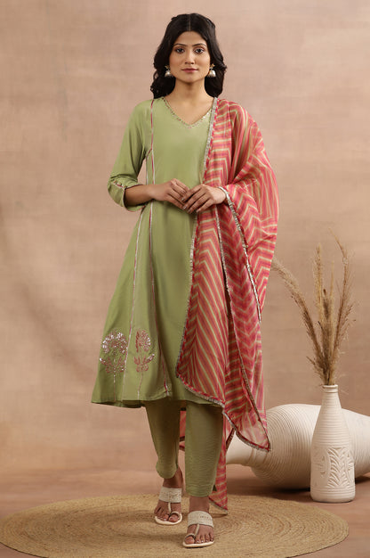 Sage Green Zari Embroidered Flared Kurta, Pants And Dupatta Set