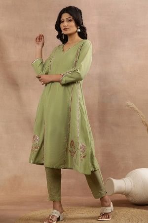 Sage Green Zari Embroidered Flared Kurta, Pants And Dupatta Set
