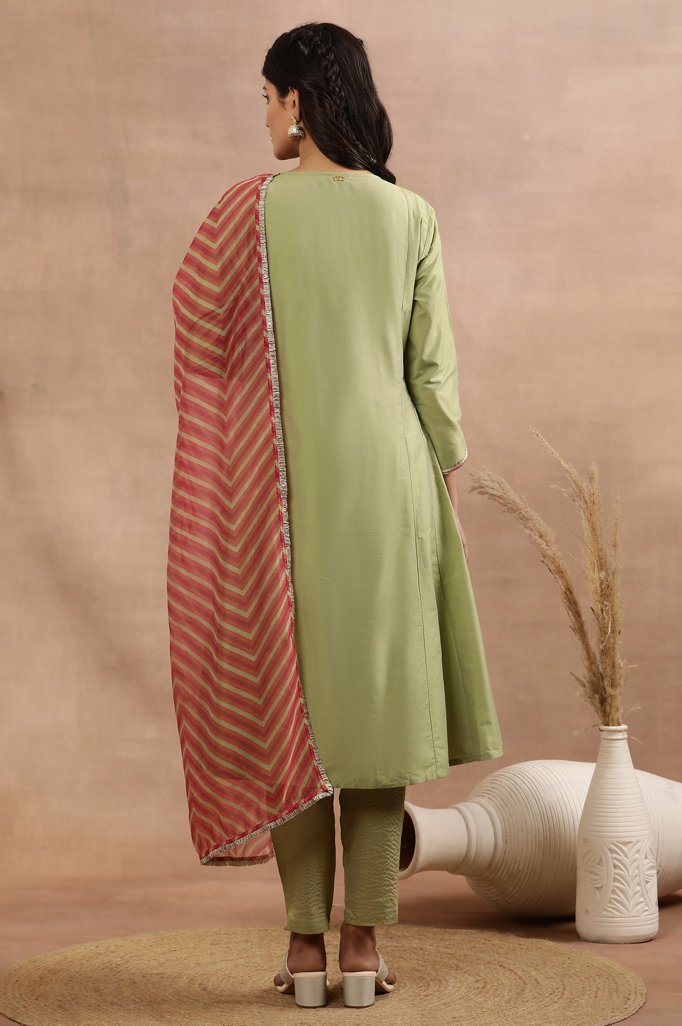 Sage Green Zari Embroidered Flared Kurta, Pants And Dupatta Set