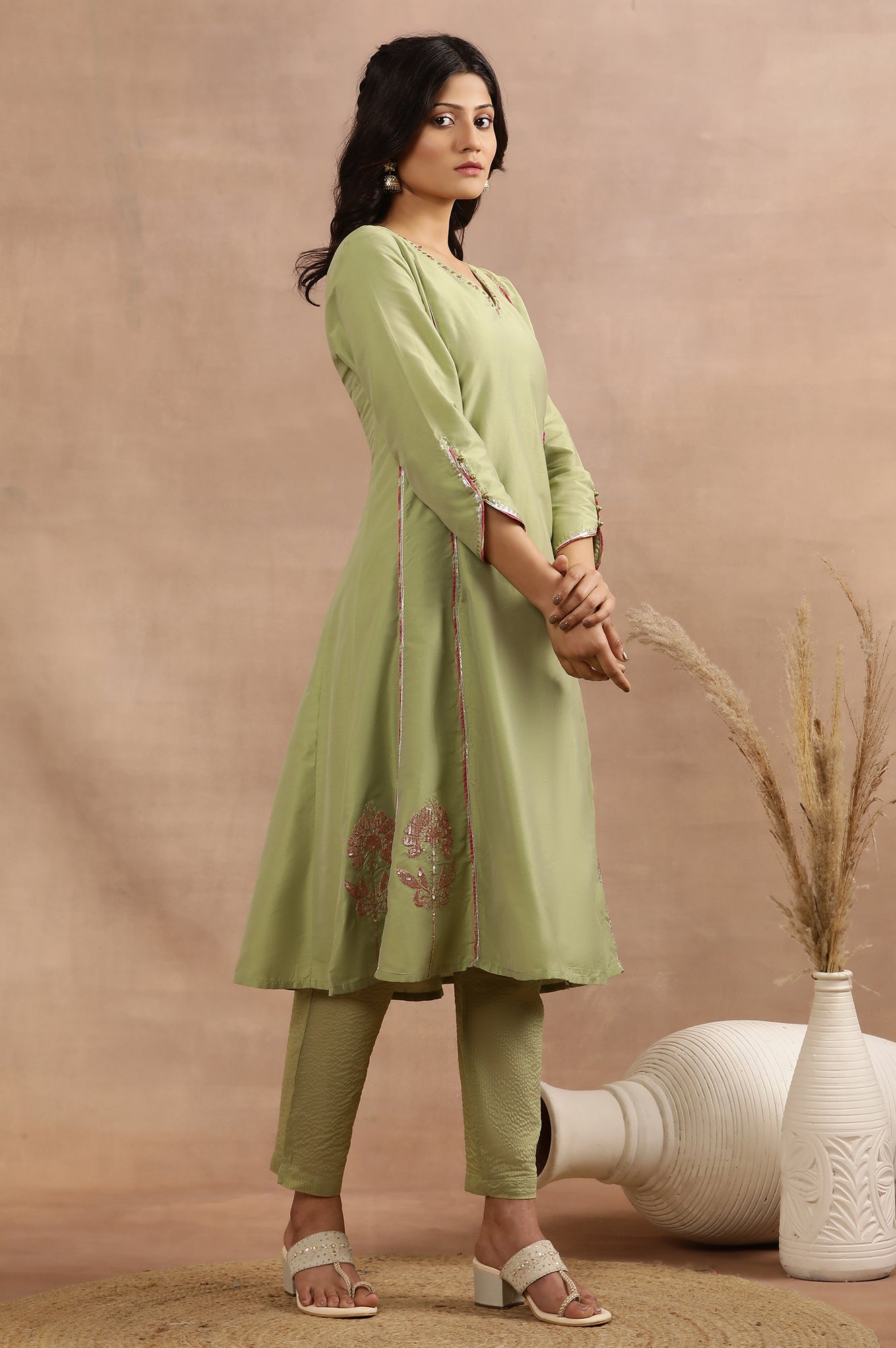 Sage Green Zari Embroidered Flared Kurta, Pants And Dupatta Set