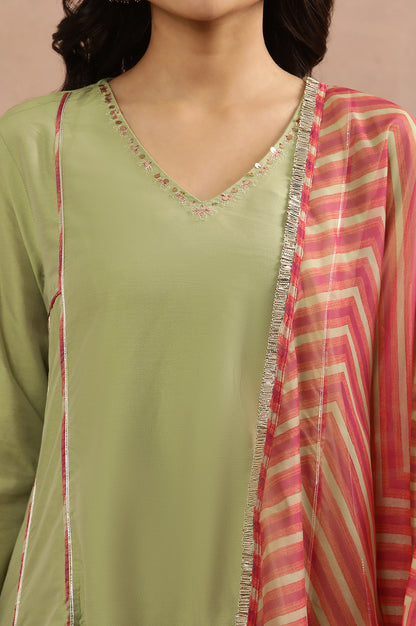 Sage Green Zari Embroidered Flared Kurta, Pants And Dupatta Set