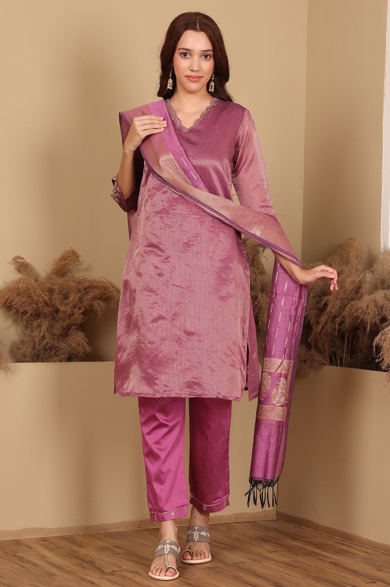 Purple Chanderi Lurex Stripe Embroidered Kurta, Pants Ad Dupatta Set - wforwoman