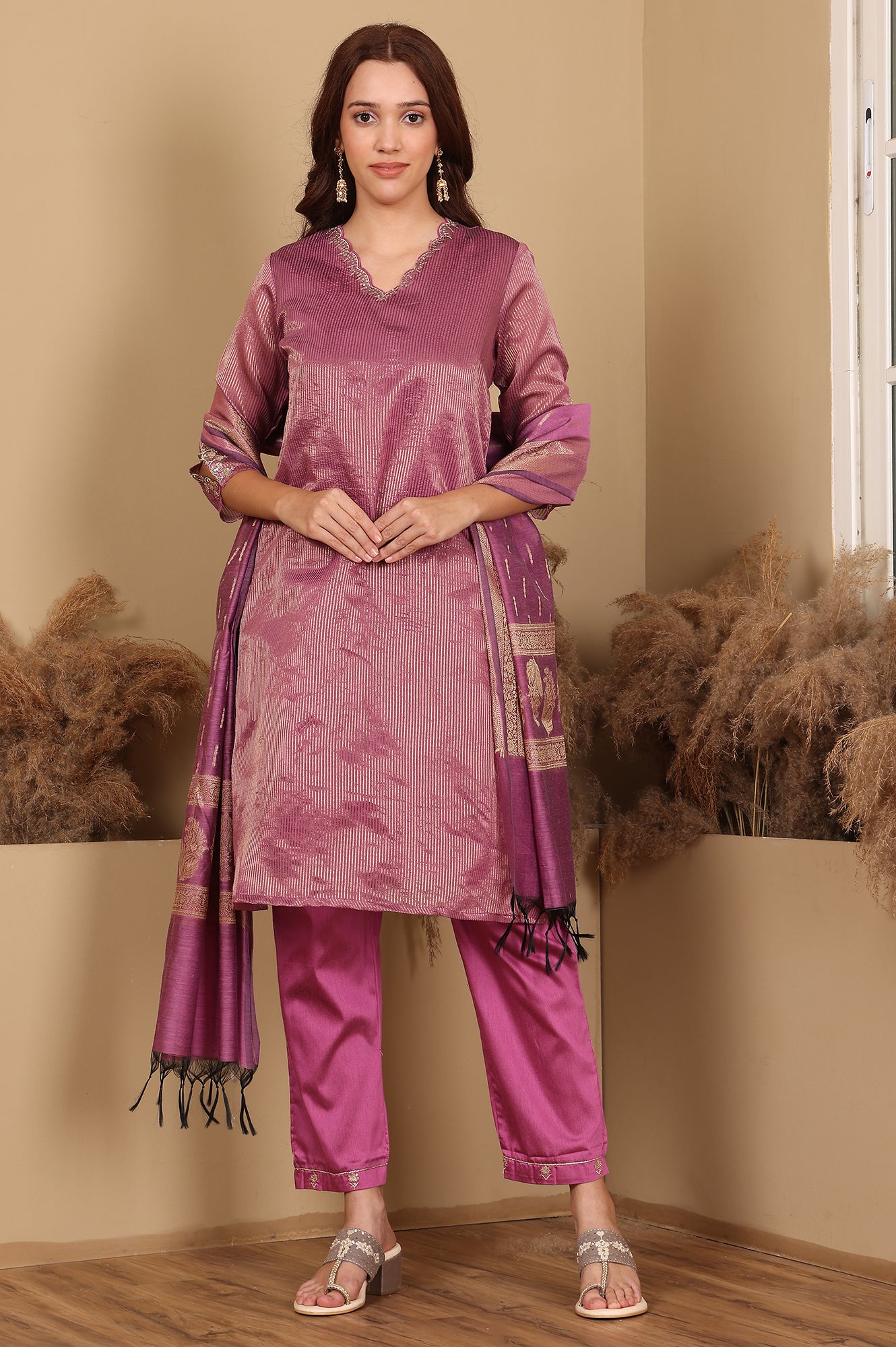 Purple Chanderi Lurex Stripe Embroidered Kurta, Pants Ad Dupatta Set - wforwoman