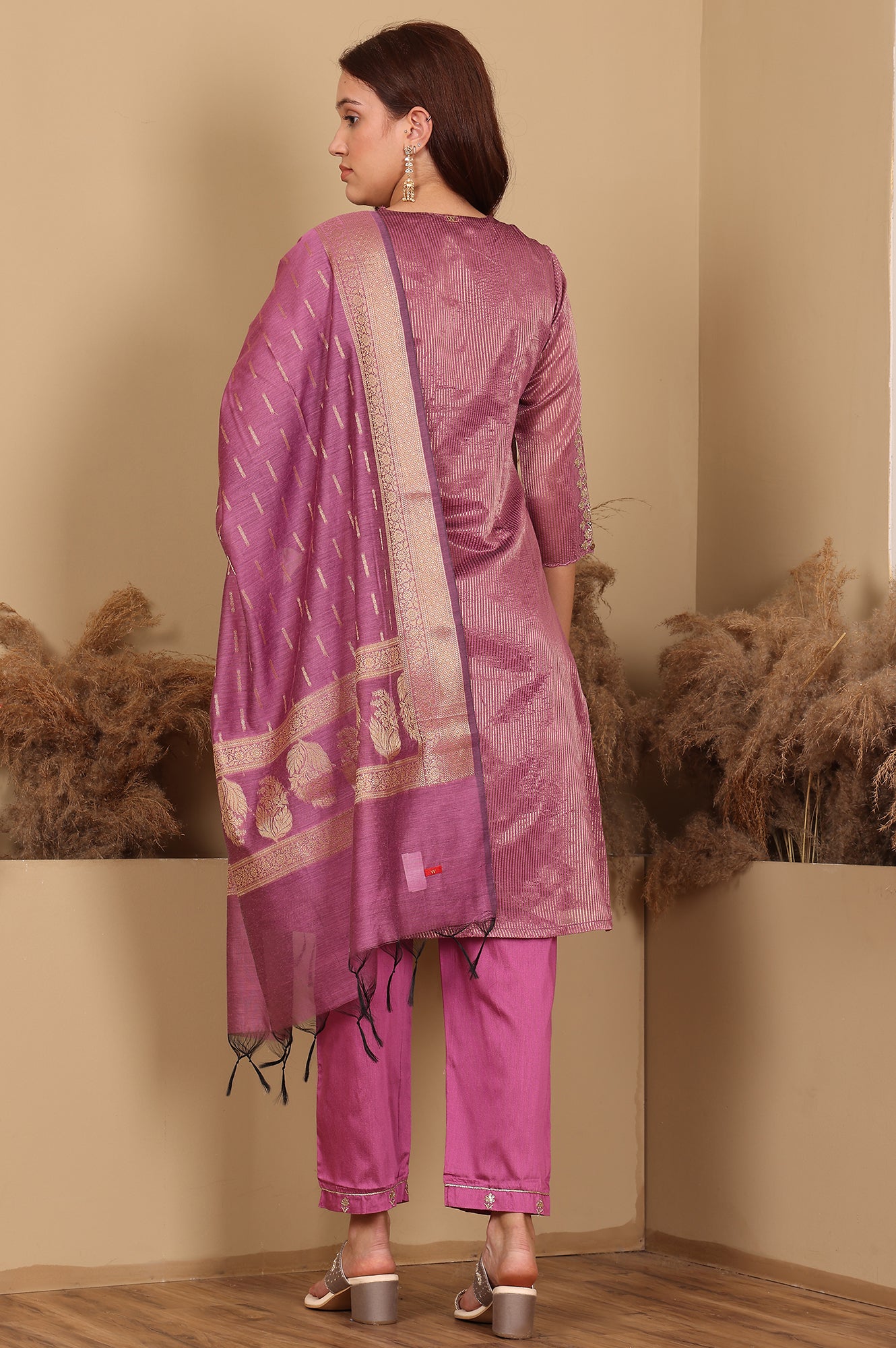 Purple Chanderi Lurex Stripe Embroidered Kurta, Pants Ad Dupatta Set - wforwoman