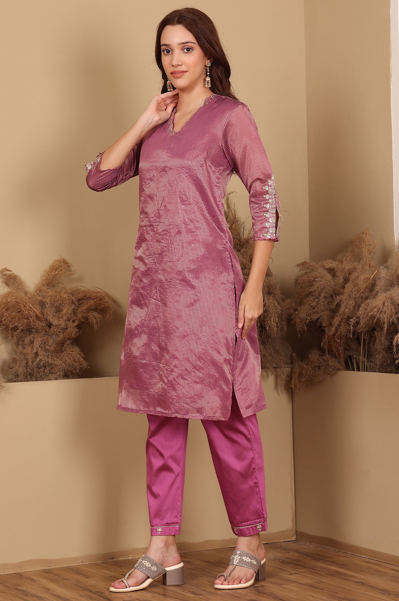 Purple Chanderi Lurex Stripe Embroidered Kurta, Pants Ad Dupatta Set - wforwoman