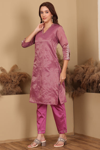 Purple Chanderi Lurex Stripe Embroidered Kurta, Pants Ad Dupatta Set - wforwoman