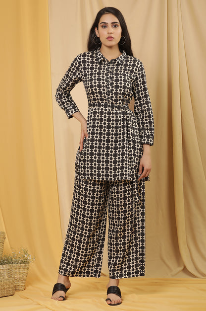 White And Black Geometric Printed Top And Trouser Set