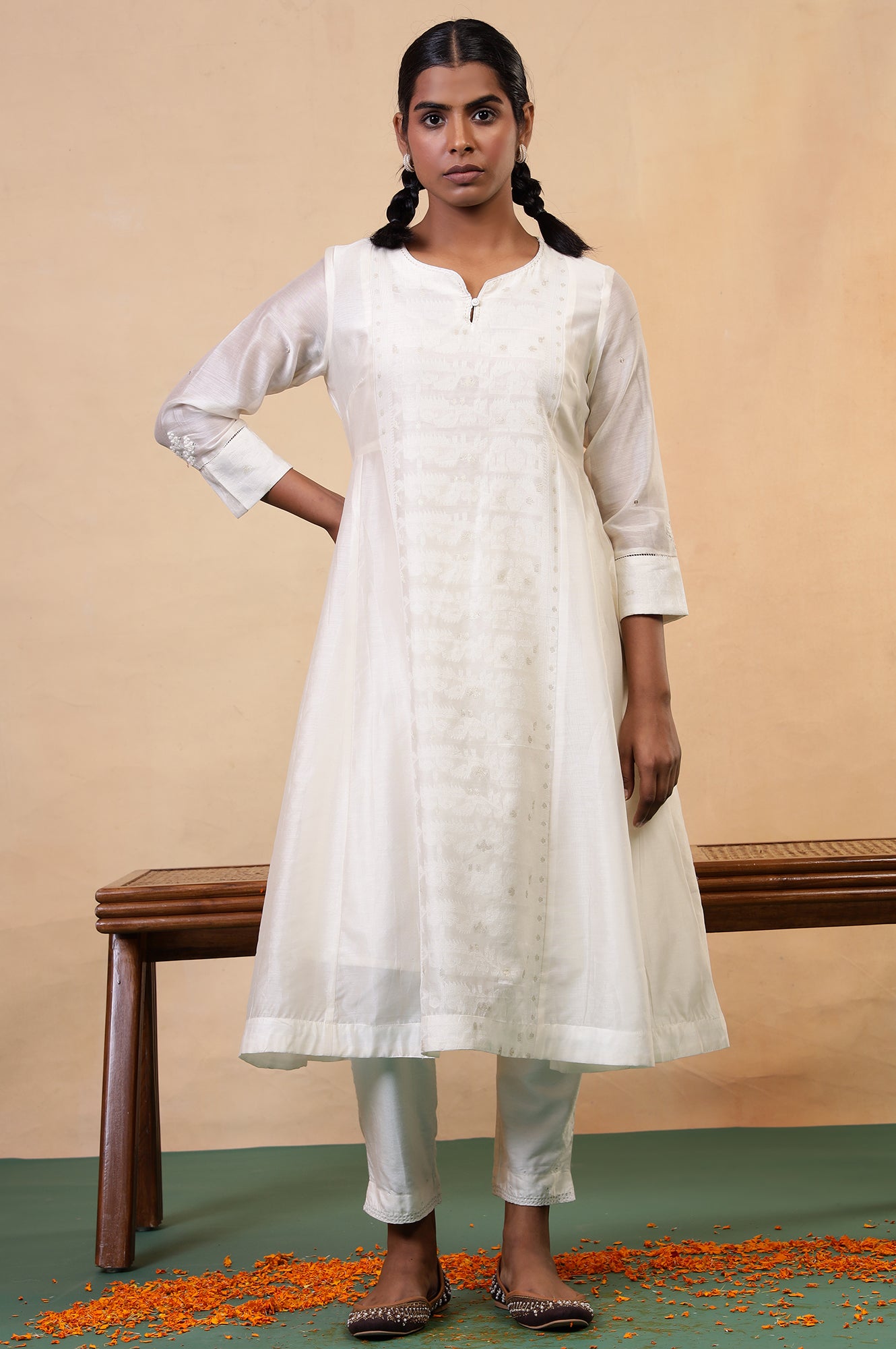 Folksong Coconut Milk Geometric Sequin Embellished Cotton Silk Anarkali Kurta