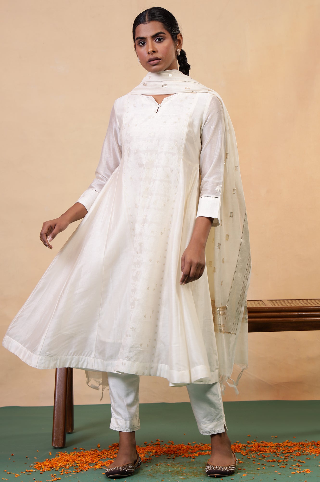 Folksong Coconut Milk Geometric Sequin Embellished Cotton Silk Anarkali Kurta