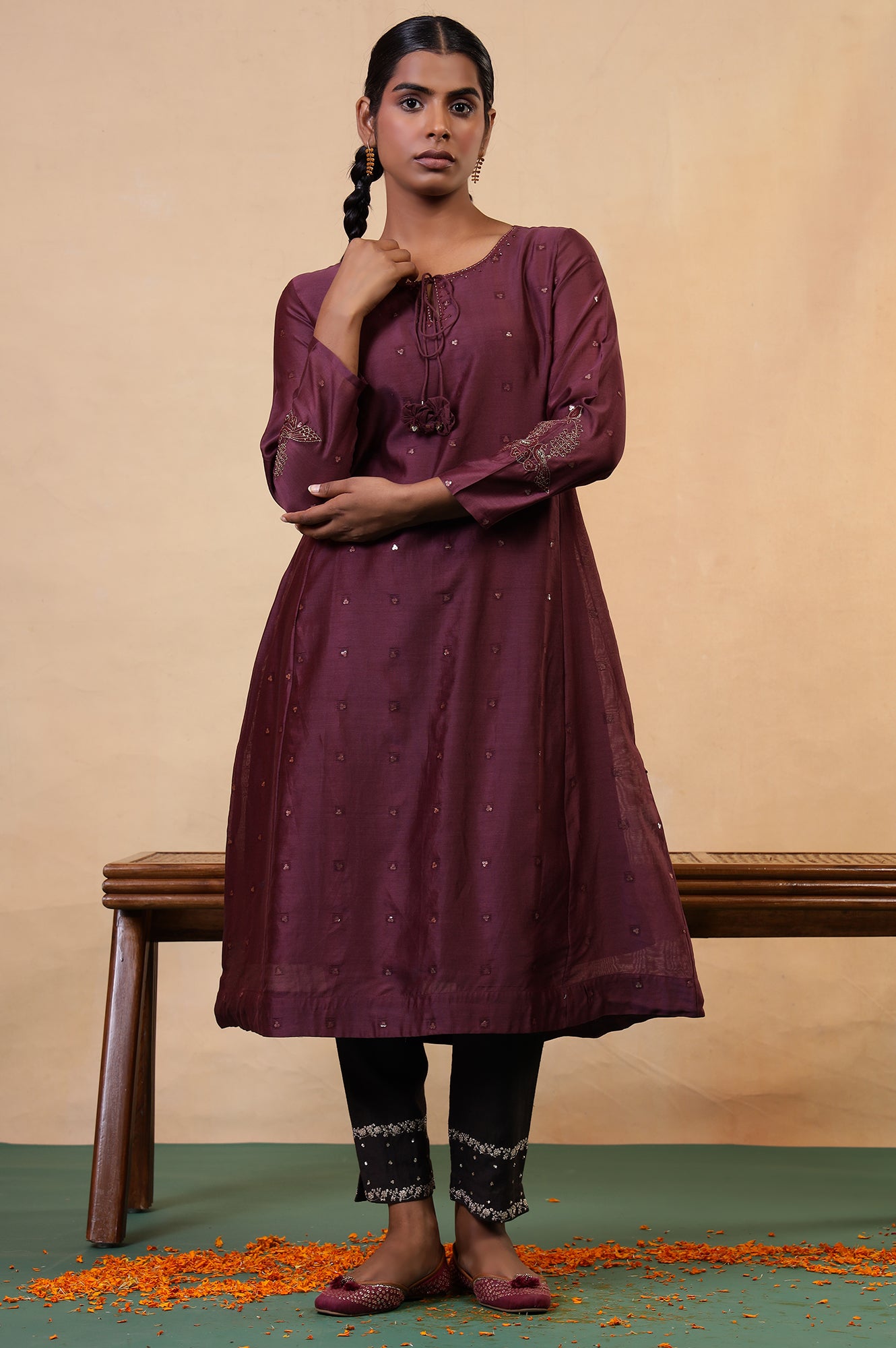 Folksong Windsor Wine Cotton-Silk Flared Sequined Regular Kurta