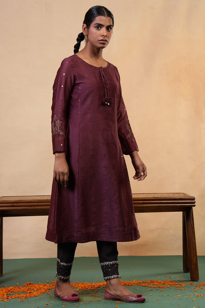 Folksong Windsor Wine Cotton-Silk Flared Sequined Regular Kurta