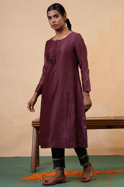 Folksong Windsor Wine Cotton-Silk Flared Sequined Regular Kurta