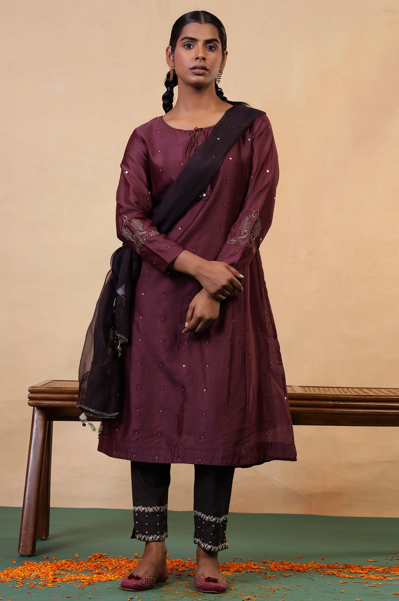 Folksong Windsor Wine Cotton-Silk Flared Sequined Regular Kurta