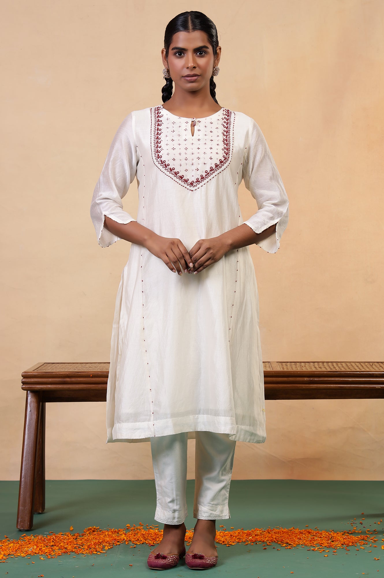 Folksong Coconut Milk Cotton-Silk A-Line Beaded Embellished Kurta