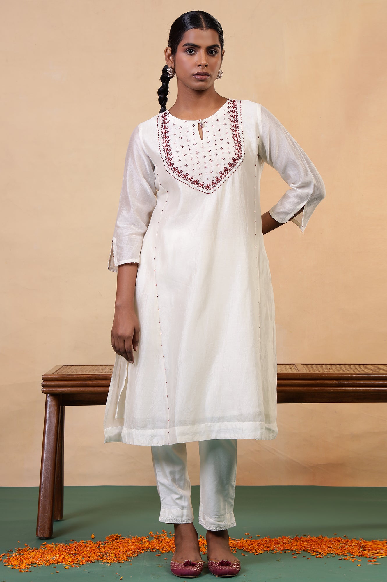 Folksong Coconut Milk Cotton-Silk A-Line Beaded Embellished Kurta