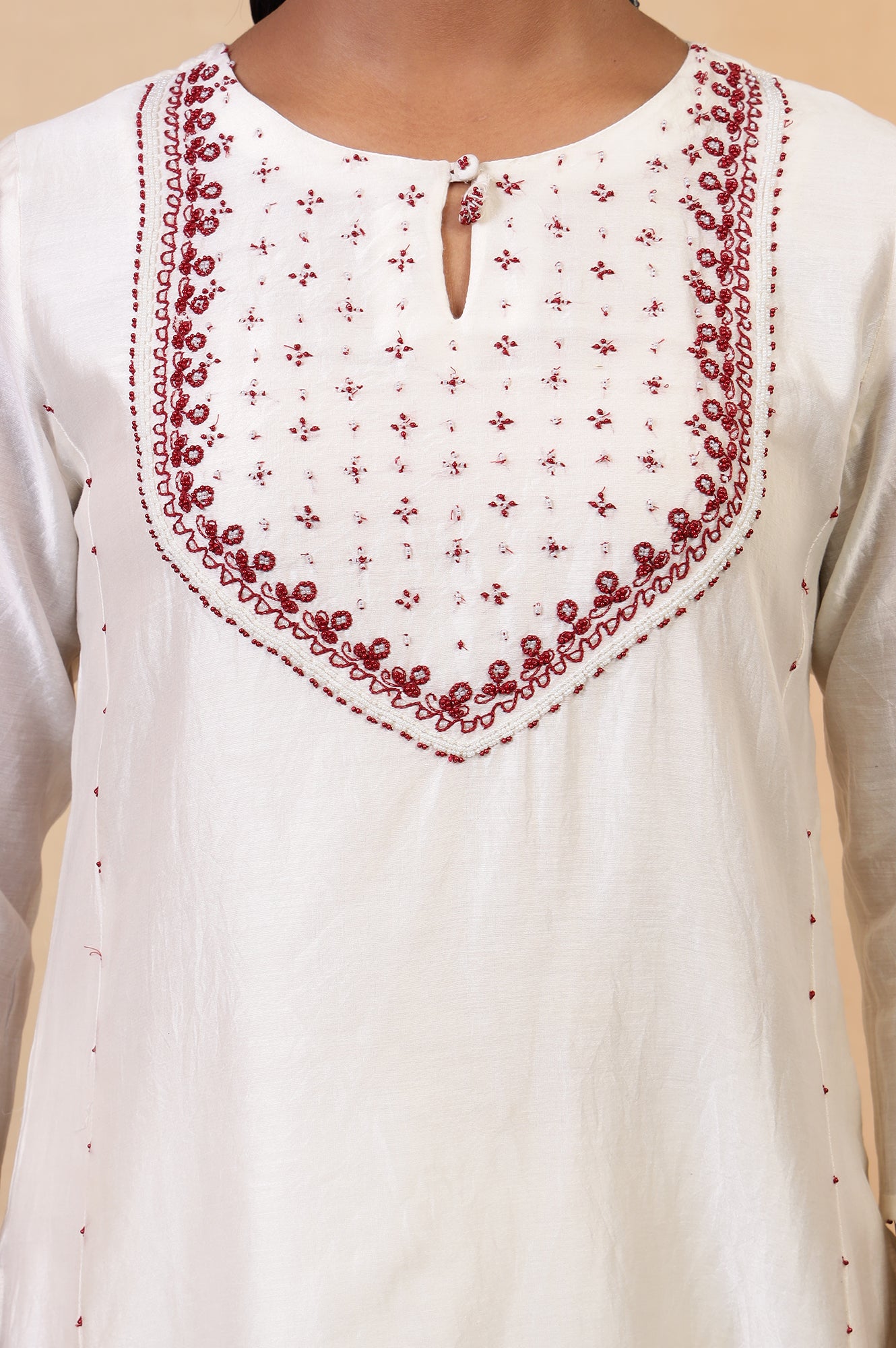 Folksong Coconut Milk Cotton-Silk A-Line Beaded Embellished Kurta