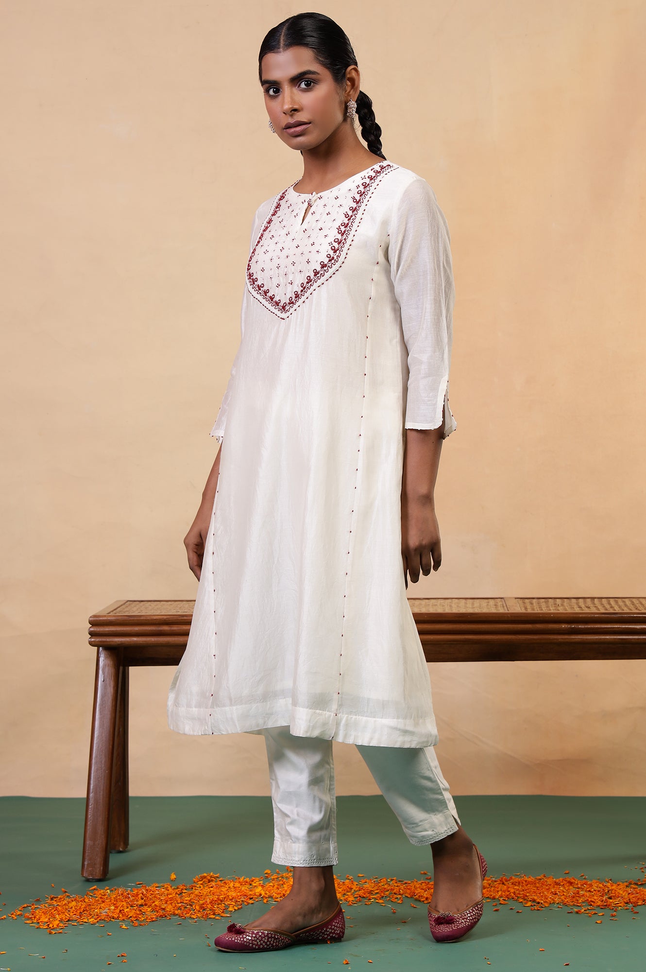 Folksong Coconut Milk Cotton-Silk A-Line Beaded Embellished Kurta