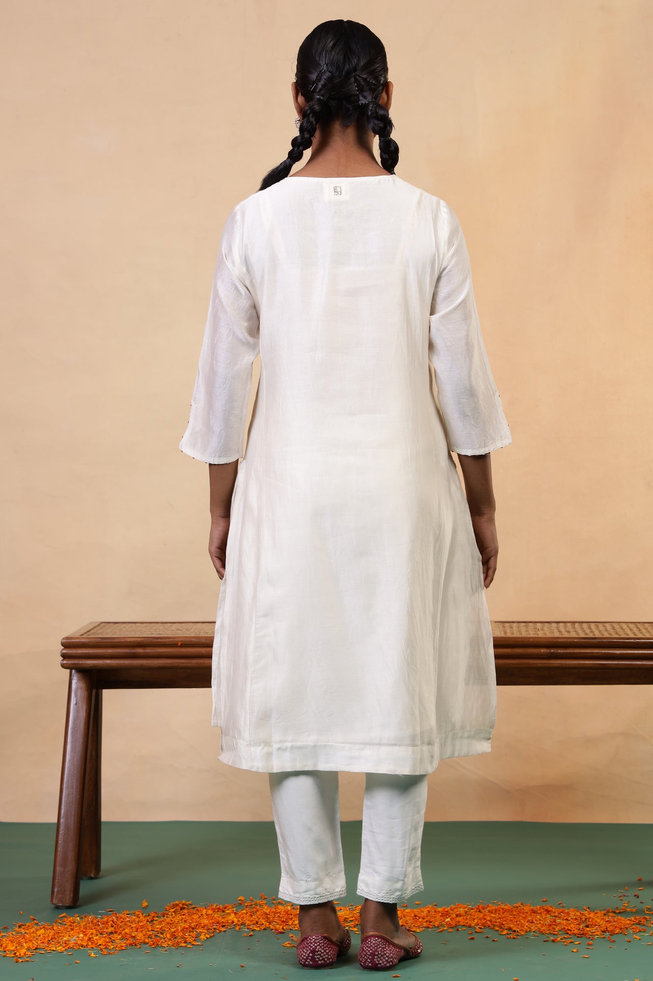 Folksong Coconut Milk Cotton-Silk A-Line Beaded Embellished Kurta