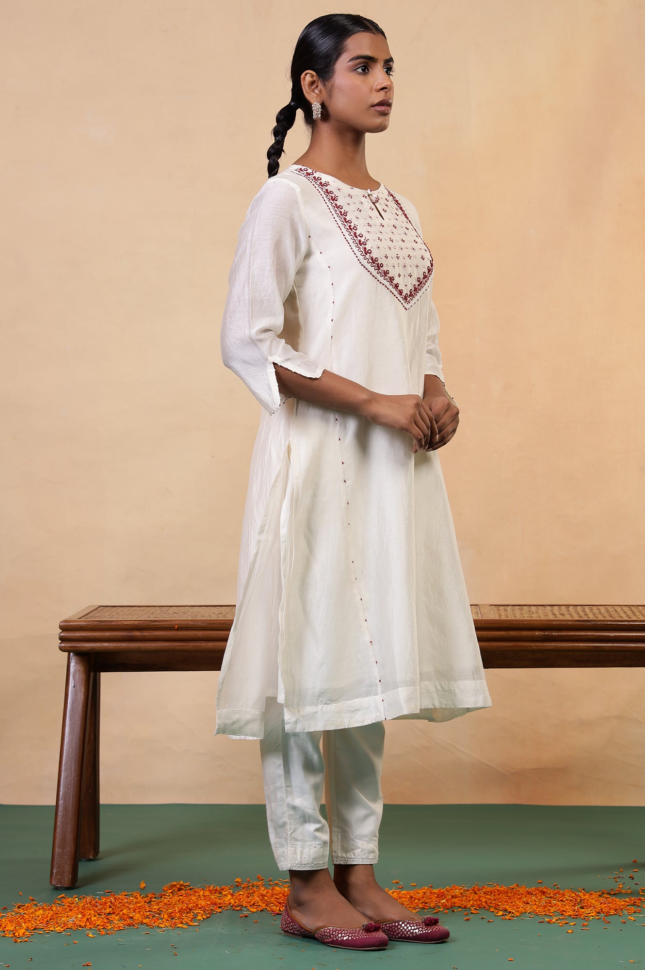 Folksong Coconut Milk Cotton-Silk A-Line Beaded Embellished Kurta