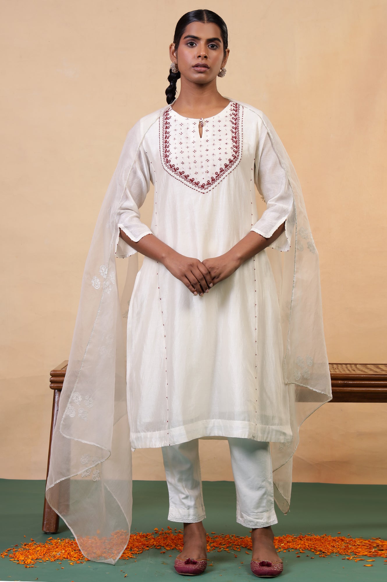 Folksong Coconut Milk Cotton-Silk A-Line Beaded Embellished Kurta