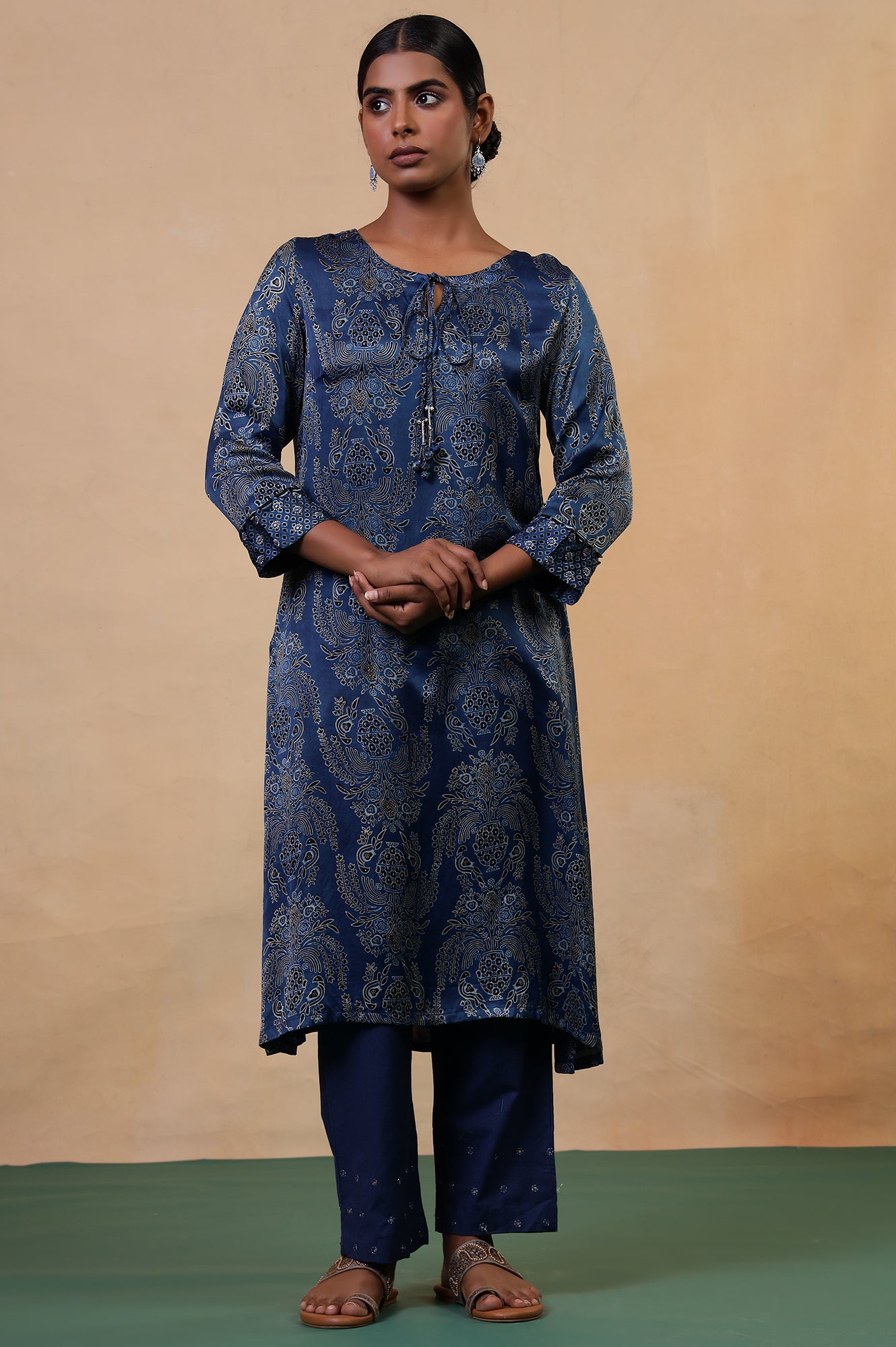 Folksong Indigo Blue Viscose Straight-Fit Floral Ajrakh Print Kurta