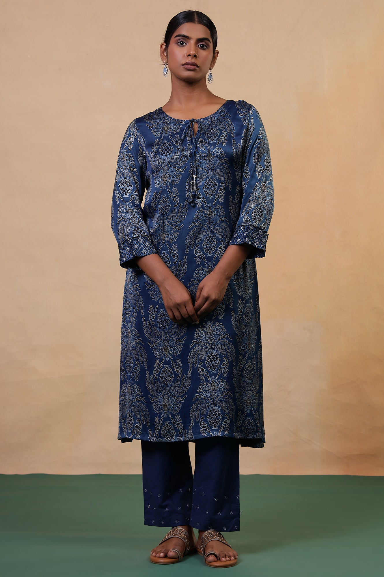 Folksong Indigo Blue Viscose Straight-Fit Floral Ajrakh Print Kurta