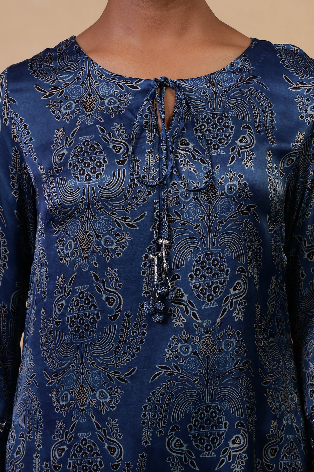 Folksong Indigo Blue Viscose Straight-Fit Floral Ajrakh Print Kurta