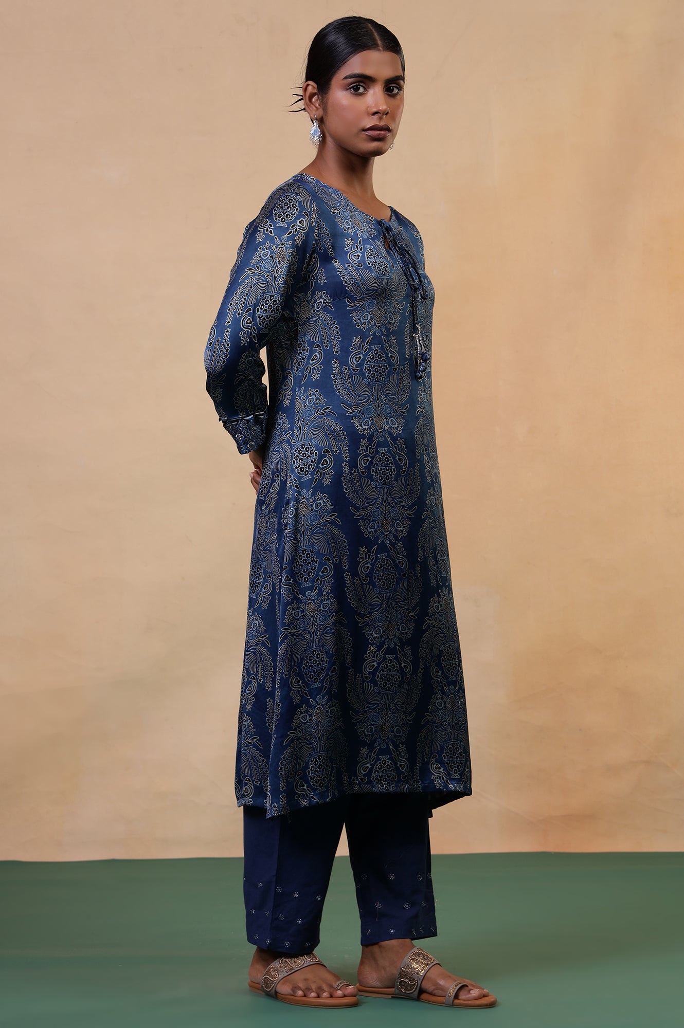 Folksong Indigo Blue Viscose Straight-Fit Floral Ajrakh Print Kurta