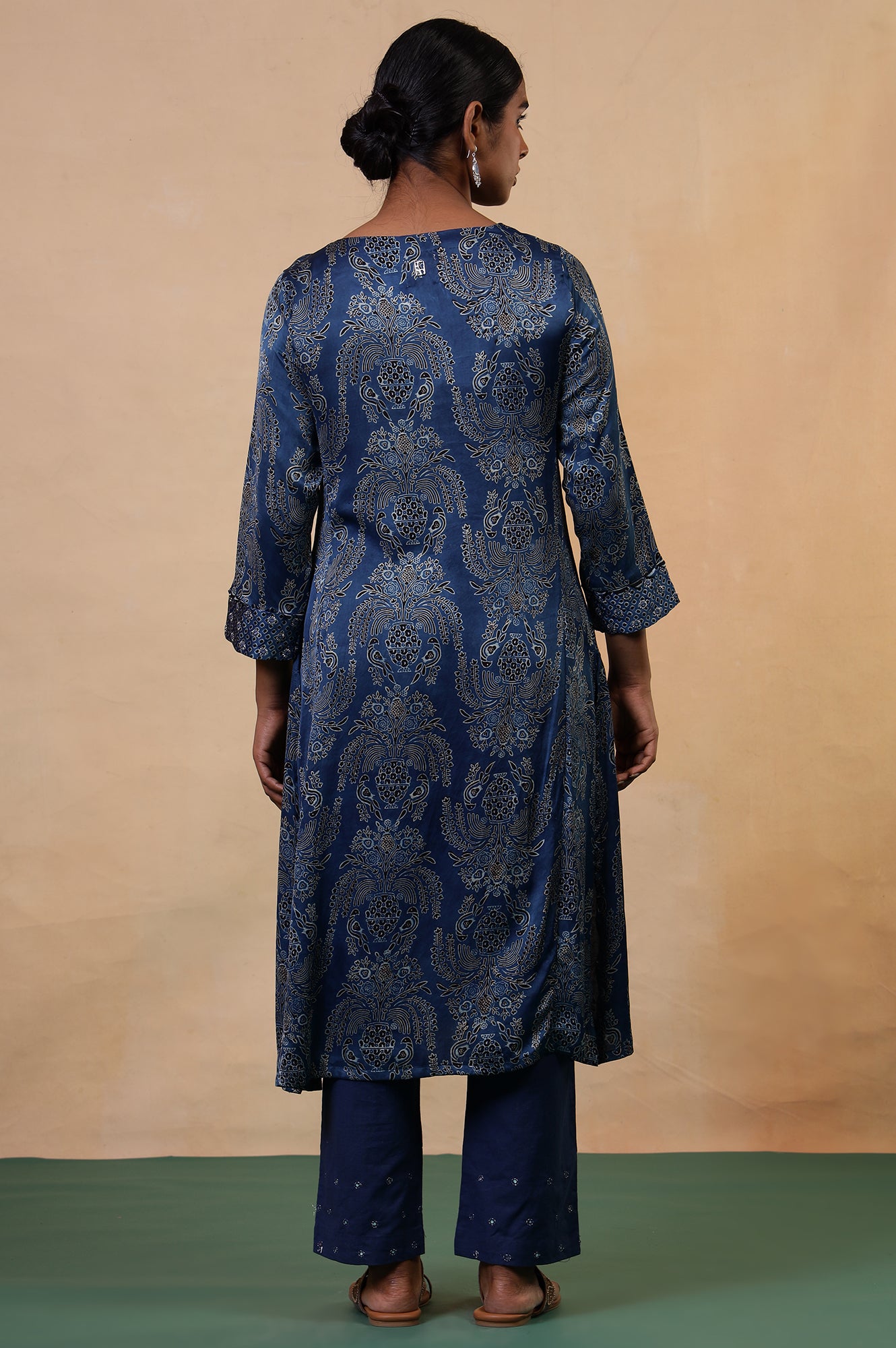 Folksong Indigo Blue Viscose Straight-Fit Floral Ajrakh Print Kurta