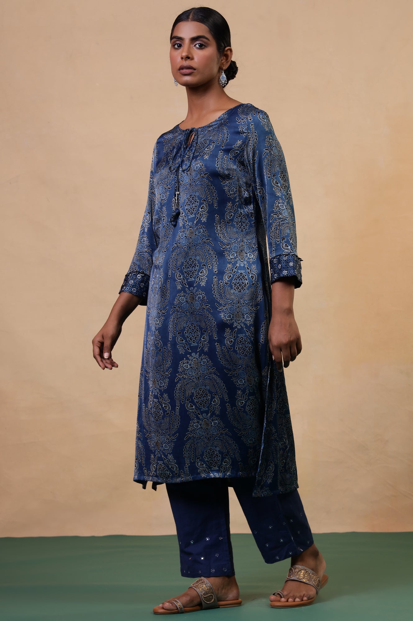 Folksong Indigo Blue Viscose Straight-Fit Floral Ajrakh Print Kurta