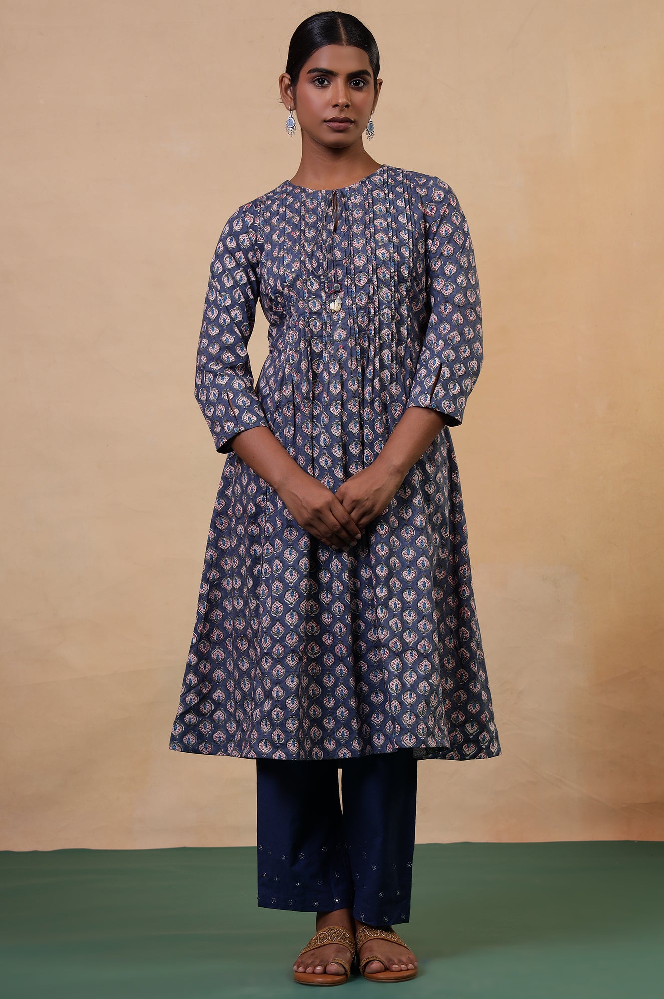 Folksong Slate Blue Cotton Flared Floral Hand Block Printed Anarkali