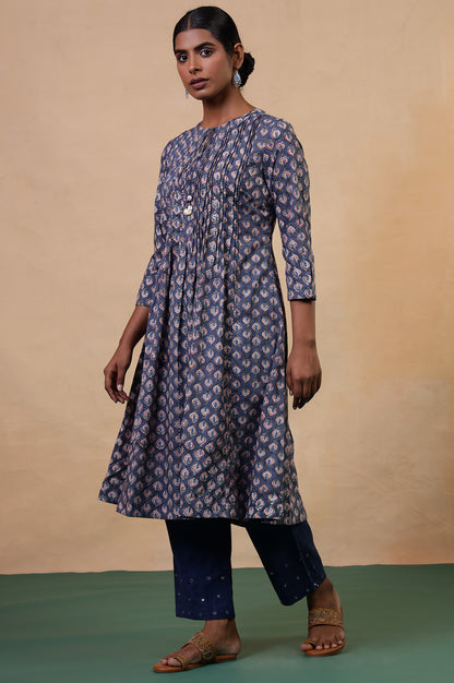 Folksong Slate Blue Cotton Flared Floral Hand Block Printed Anarkali