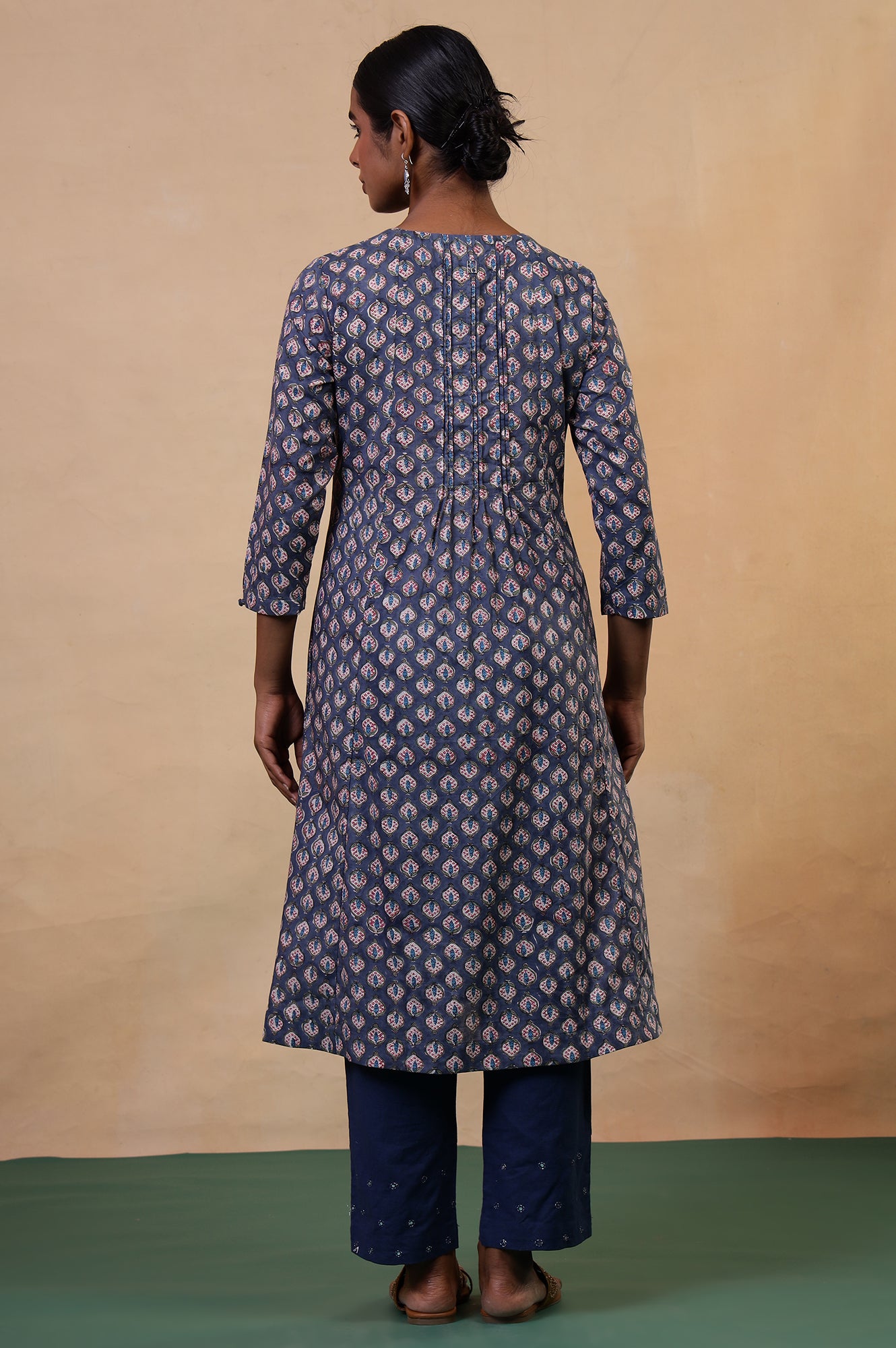 Folksong Slate Blue Cotton Flared Floral Hand Block Printed Anarkali