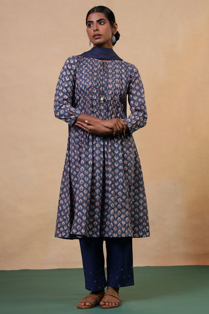 Folksong Slate Blue Cotton Flared Floral Hand Block Printed Anarkali